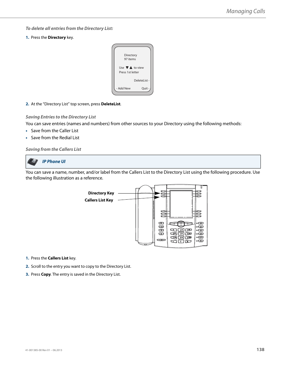 Saving entries to the directory list, Managing calls | AASTRA 6757i User Guide EN User Manual | Page 145 / 216