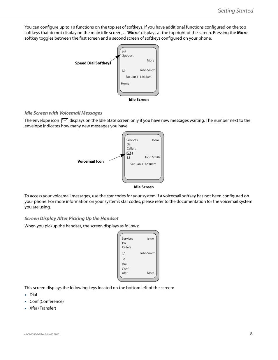 Idle screen with voicemail messages, Screen display after picking up the handset, Getting started | AASTRA 6757i User Guide EN User Manual | Page 15 / 216