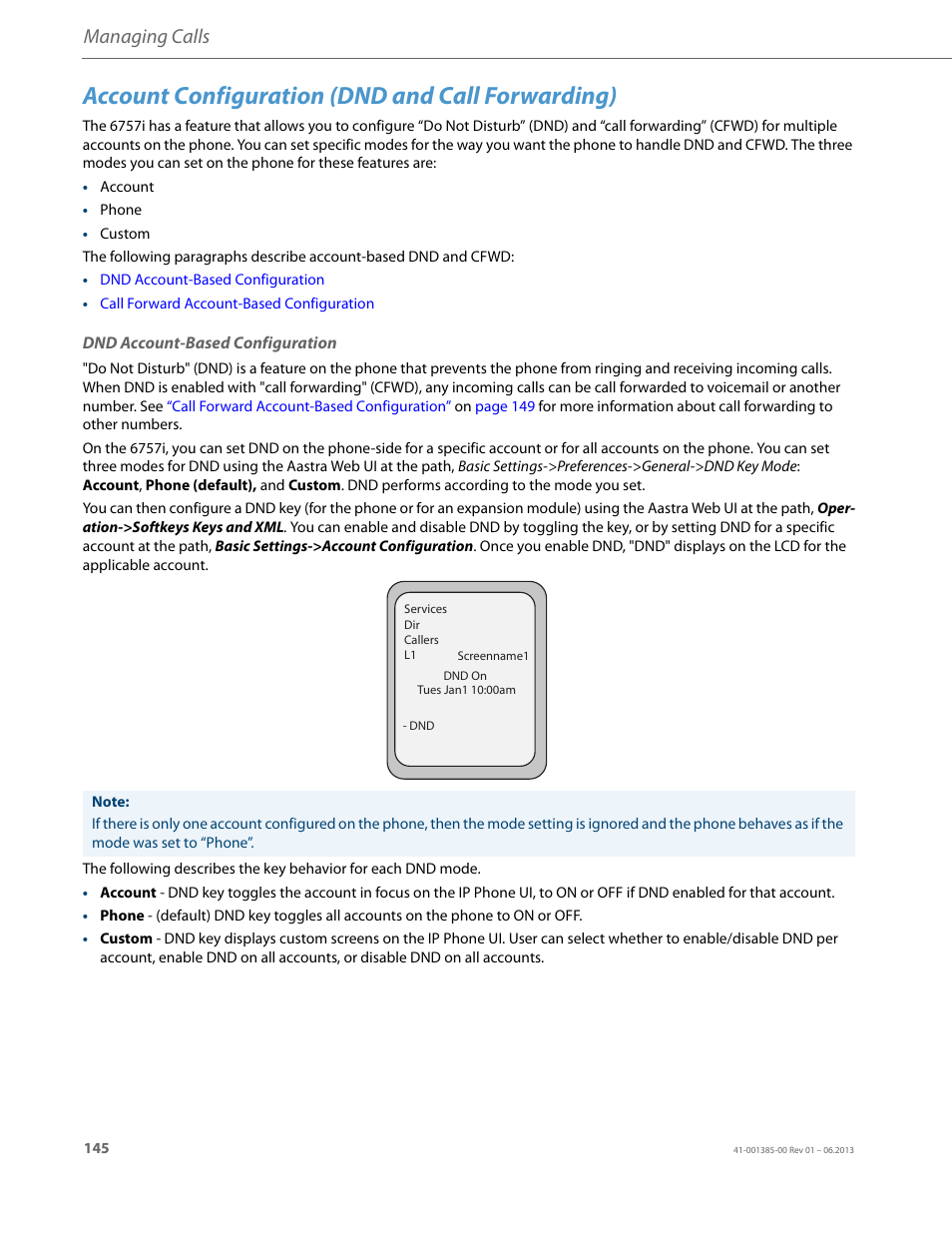 Account configuration (dnd and call forwarding), Dnd account-based configuration, Managing calls | AASTRA 6757i User Guide EN User Manual | Page 152 / 216