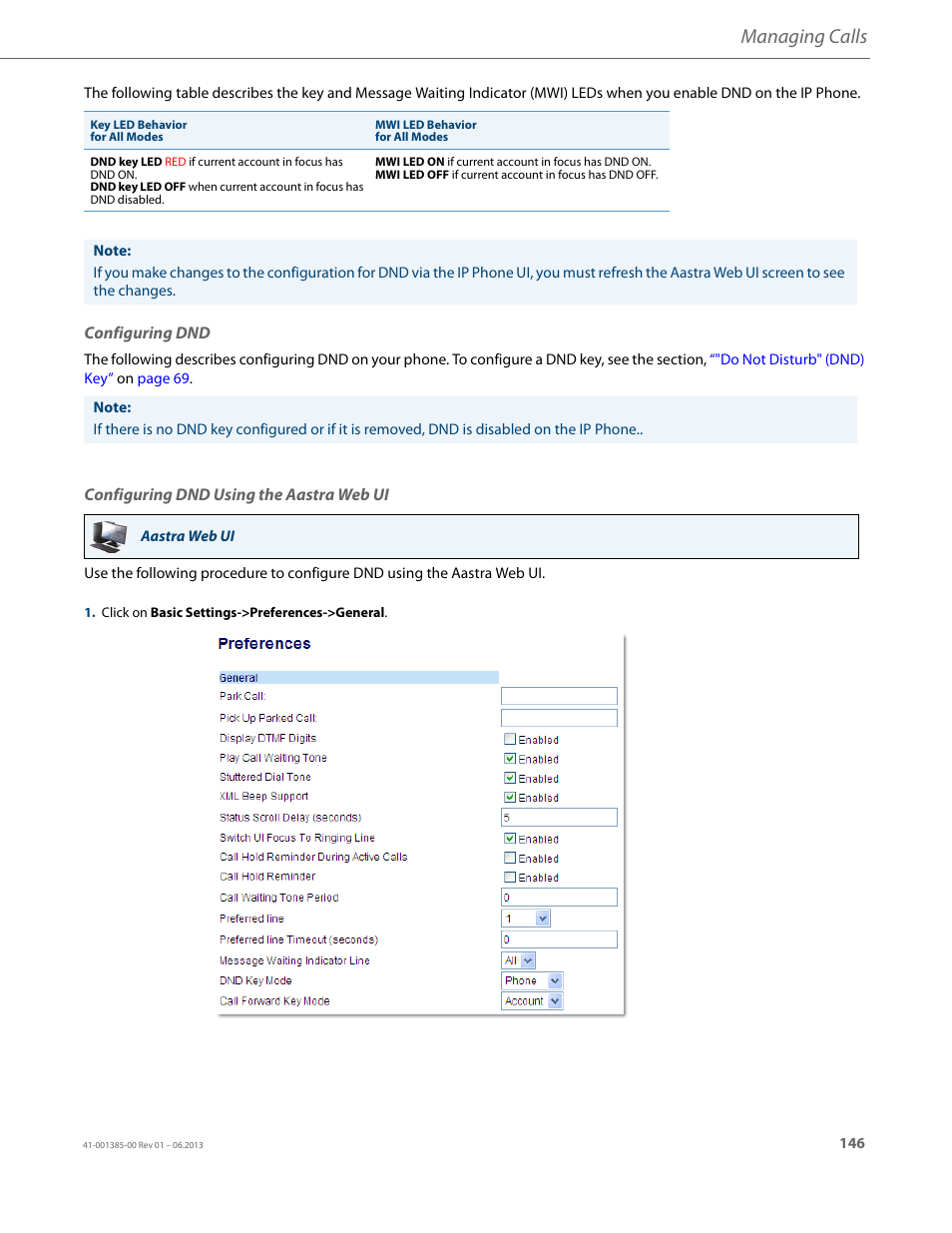 Configuring dnd, Configuring dnd using the aastra web ui, Managing calls | AASTRA 6757i User Guide EN User Manual | Page 153 / 216