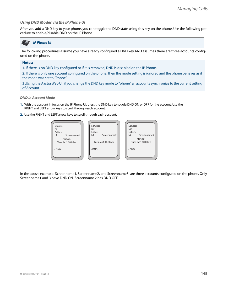 Using dnd modes via the ip phone ui, Managing calls | AASTRA 6757i User Guide EN User Manual | Page 155 / 216