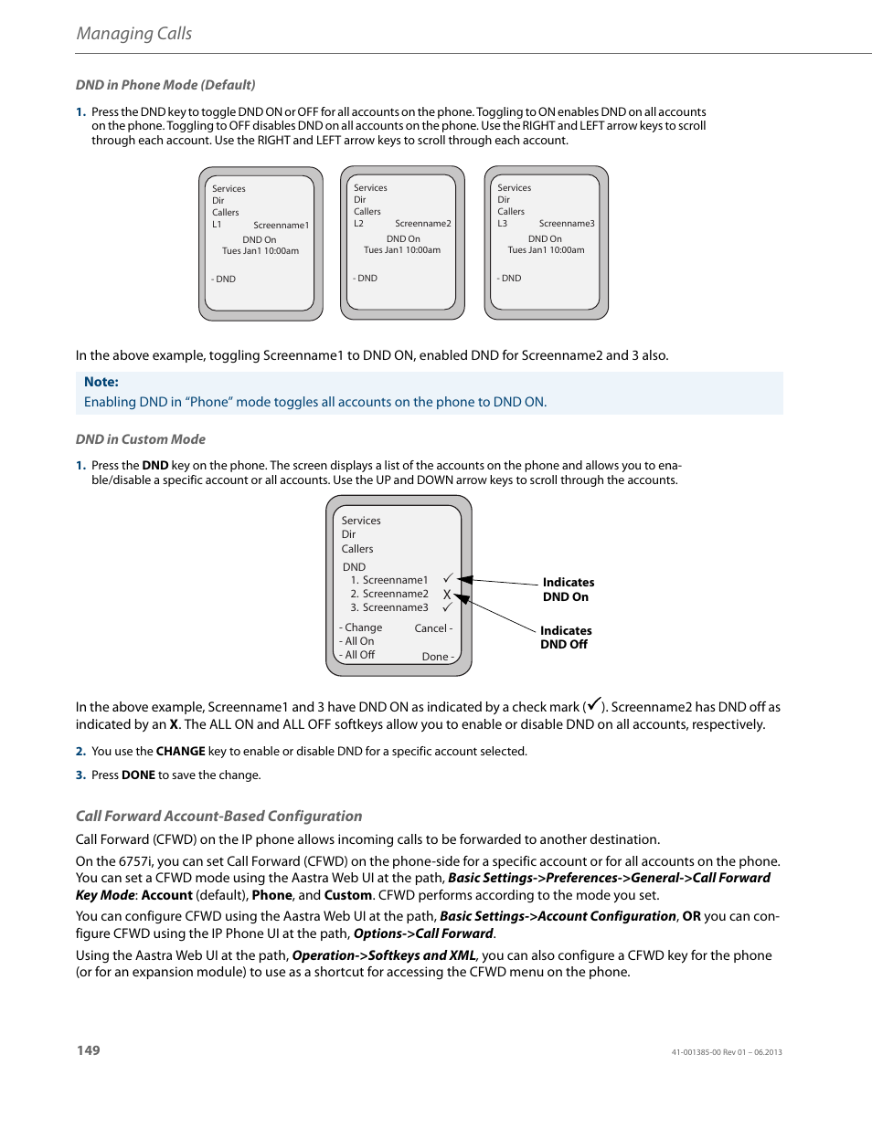 Call forward account-based configuration, Managing calls | AASTRA 6757i User Guide EN User Manual | Page 156 / 216