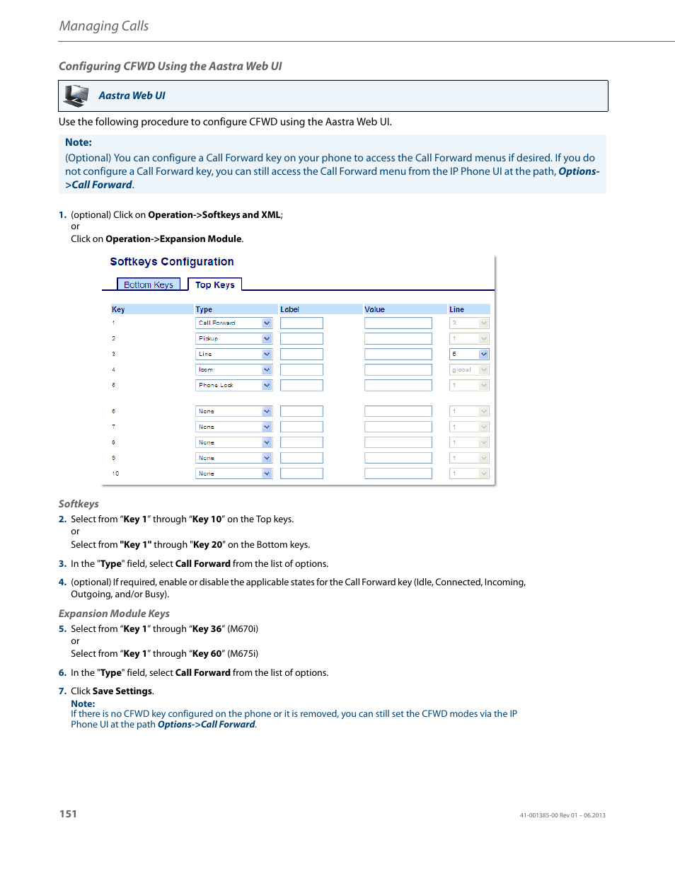 Configuring cfwd using the aastra web ui, Managing calls | AASTRA 6757i User Guide EN User Manual | Page 158 / 216
