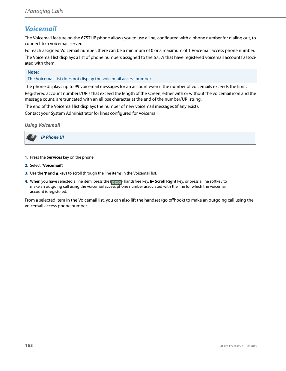Voicemail, Using voicemail, Managing calls | AASTRA 6757i User Guide EN User Manual | Page 170 / 216