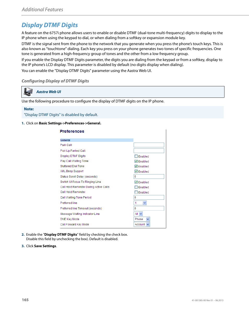 Display dtmf digits, Configuring display of dtmf digits, Additional features | AASTRA 6757i User Guide EN User Manual | Page 172 / 216