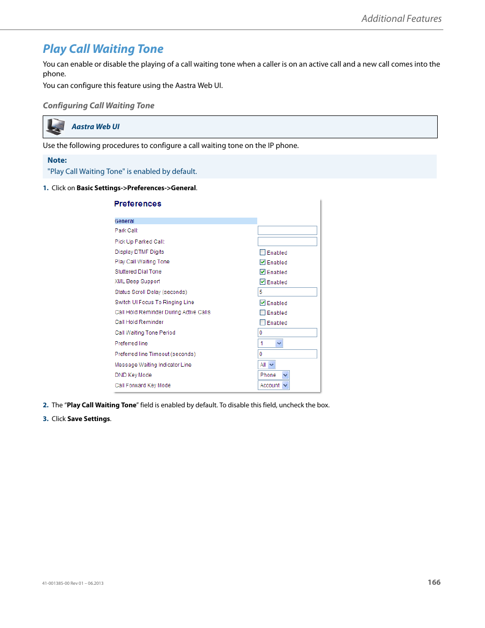 Play call waiting tone, Configuring call waiting tone, Additional features | AASTRA 6757i User Guide EN User Manual | Page 173 / 216