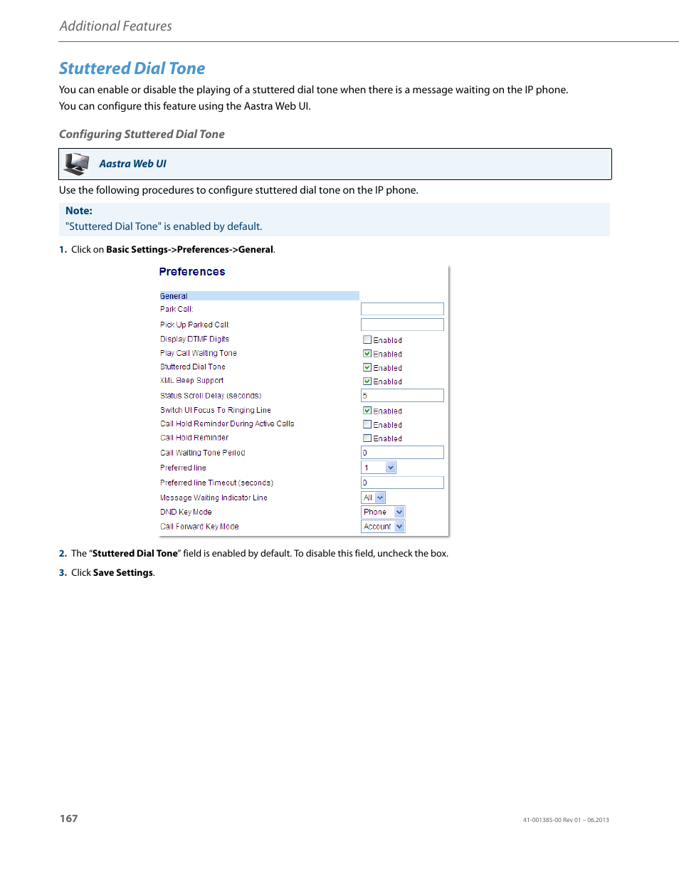 Stuttered dial tone, Configuring stuttered dial tone, Additional features | AASTRA 6757i User Guide EN User Manual | Page 174 / 216