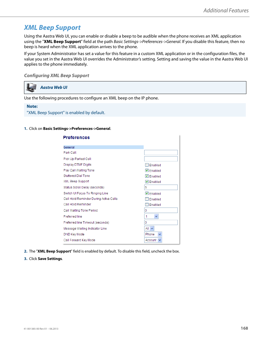 Xml beep support, Configuring xml beep support, Additional features | AASTRA 6757i User Guide EN User Manual | Page 175 / 216