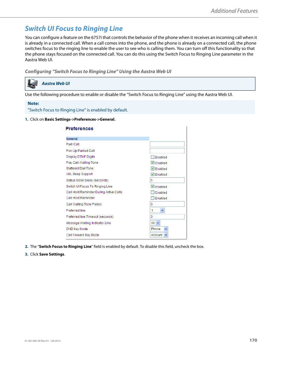 Switch ui focus to ringing line, Additional features | AASTRA 6757i User Guide EN User Manual | Page 177 / 216