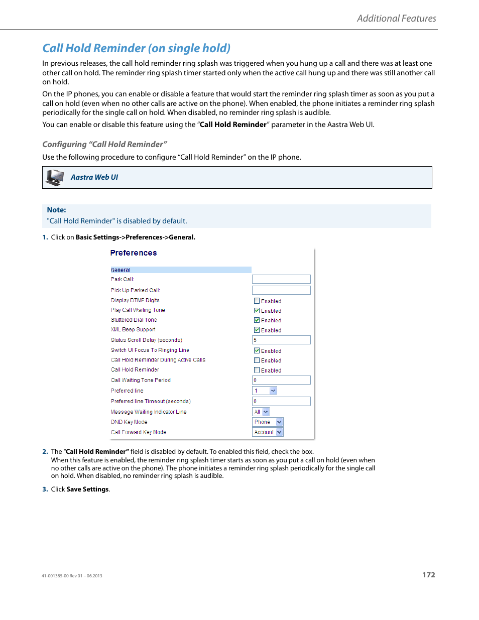 Call hold reminder (on single hold), Configuring “call hold reminder, Additional features | AASTRA 6757i User Guide EN User Manual | Page 179 / 216
