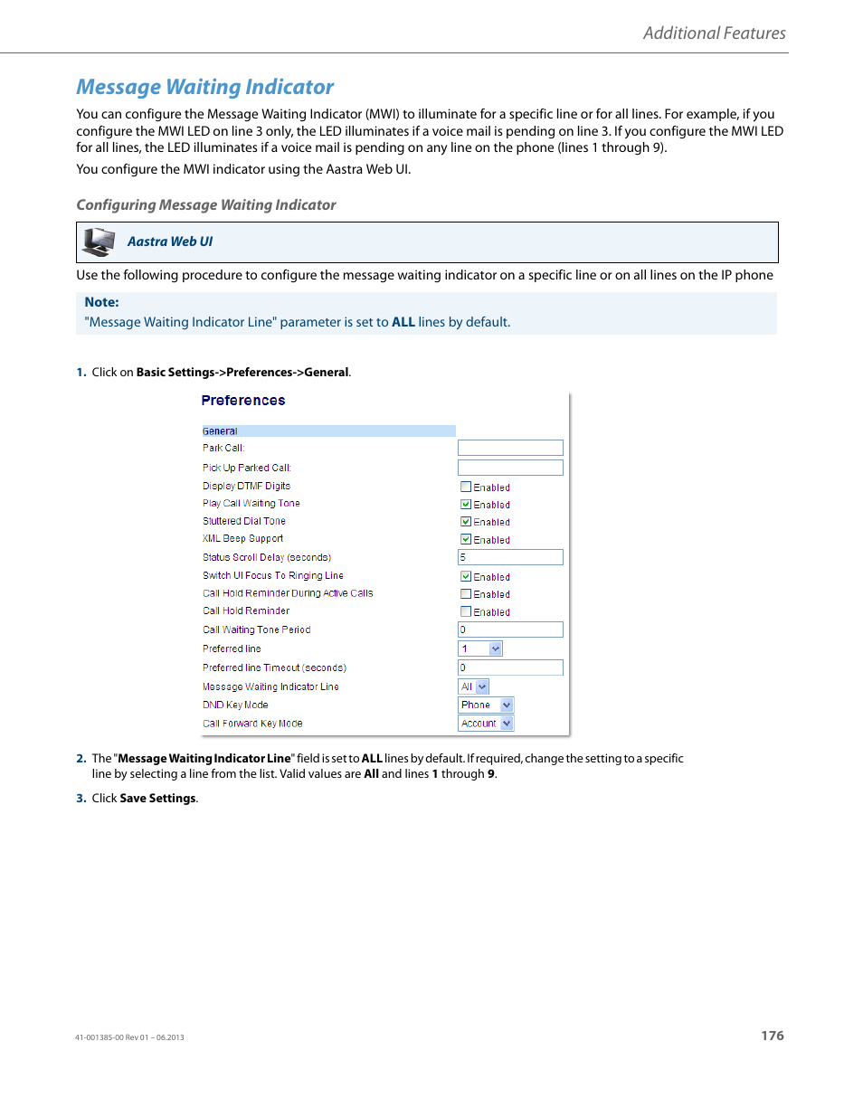 Message waiting indicator, Configuring message waiting indicator, Additional features | AASTRA 6757i User Guide EN User Manual | Page 183 / 216