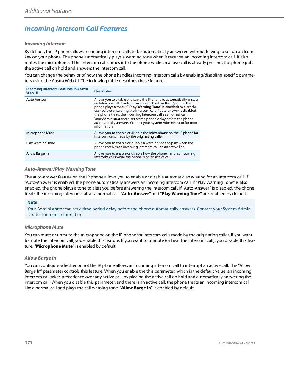Incoming intercom call features, Incoming intercom, Auto-answer/play warning tone | Microphone mute, Allow barge in, Additional features | AASTRA 6757i User Guide EN User Manual | Page 184 / 216