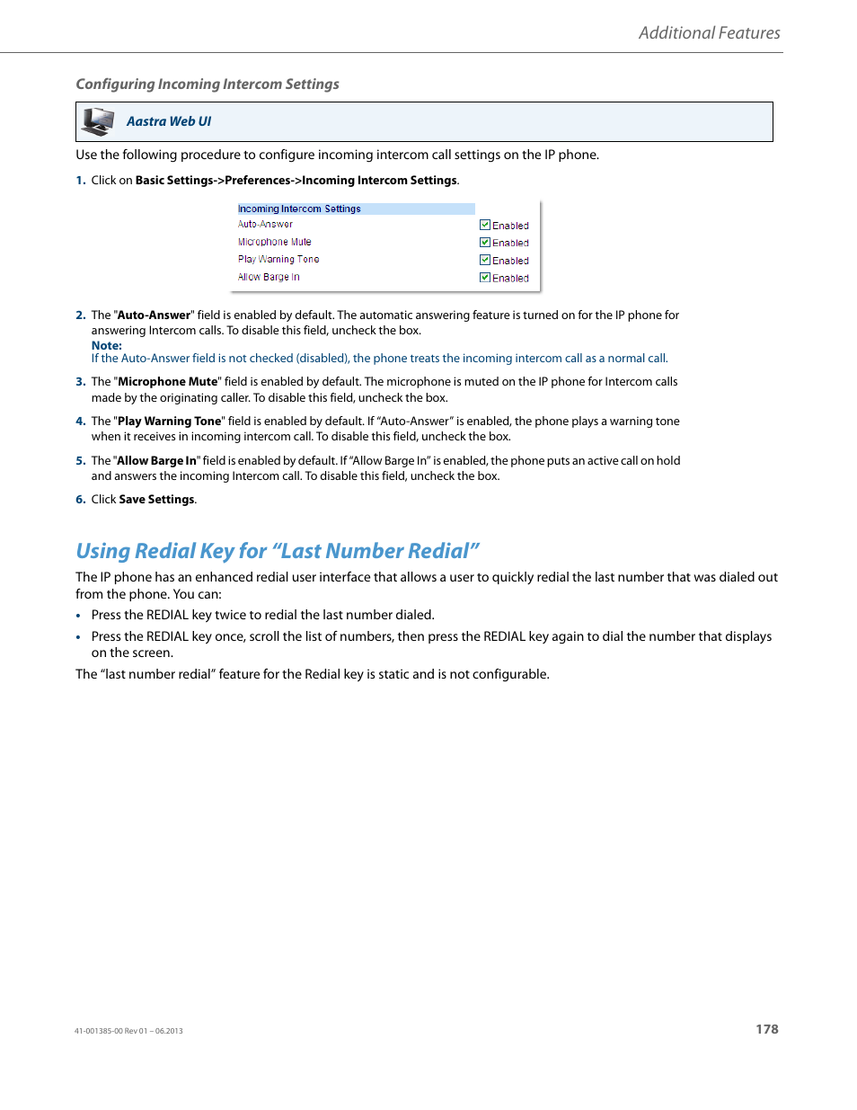 Configuring incoming intercom settings, Using redial key for “last number redial, Additional features | AASTRA 6757i User Guide EN User Manual | Page 185 / 216