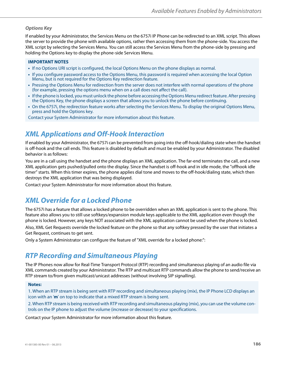 Options key, Xml applications and off-hook interaction, Xml override for a locked phone | Rtp recording and simultaneous playing, Available features enabled by administrators | AASTRA 6757i User Guide EN User Manual | Page 193 / 216