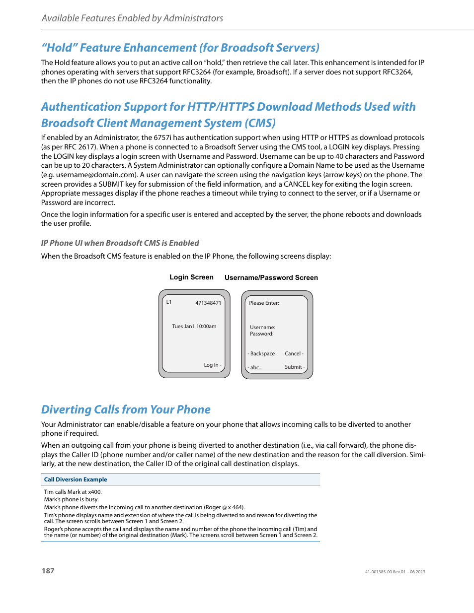 Hold” feature enhancement (for broadsoft servers), Ip phone ui when broadsoft cms is enabled, Diverting calls from your phone | Available features enabled by administrators | AASTRA 6757i User Guide EN User Manual | Page 194 / 216