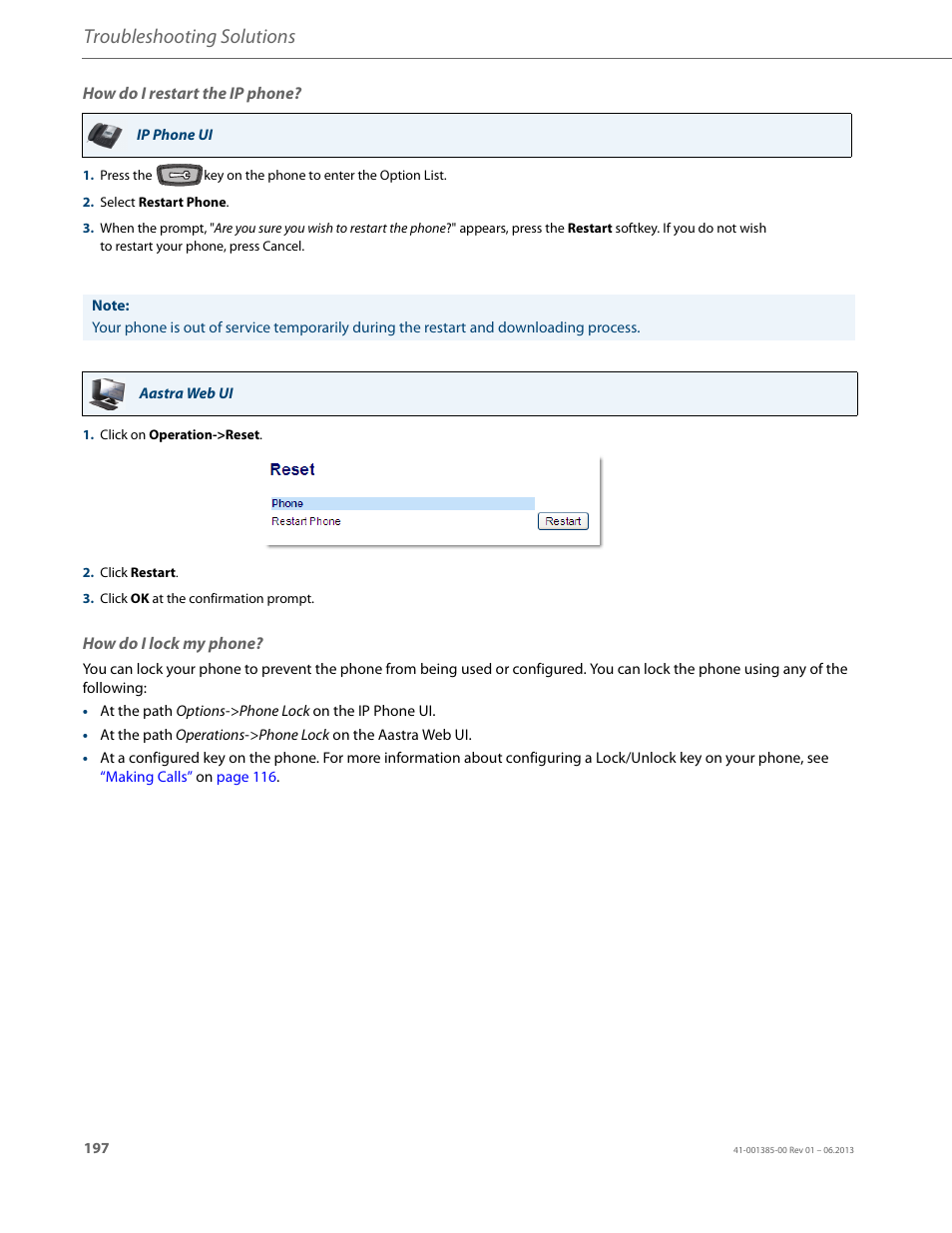 How do i restart the ip phone, How do i lock my phone, Troubleshooting solutions | AASTRA 6757i User Guide EN User Manual | Page 204 / 216
