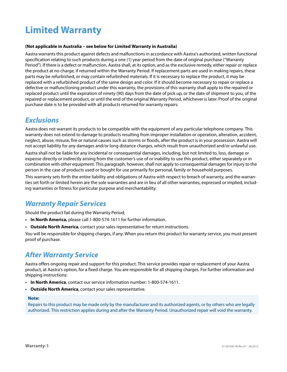 Limited warranty, Exclusions, Warranty repair services | After warranty service | AASTRA 6757i User Guide EN User Manual | Page 206 / 216