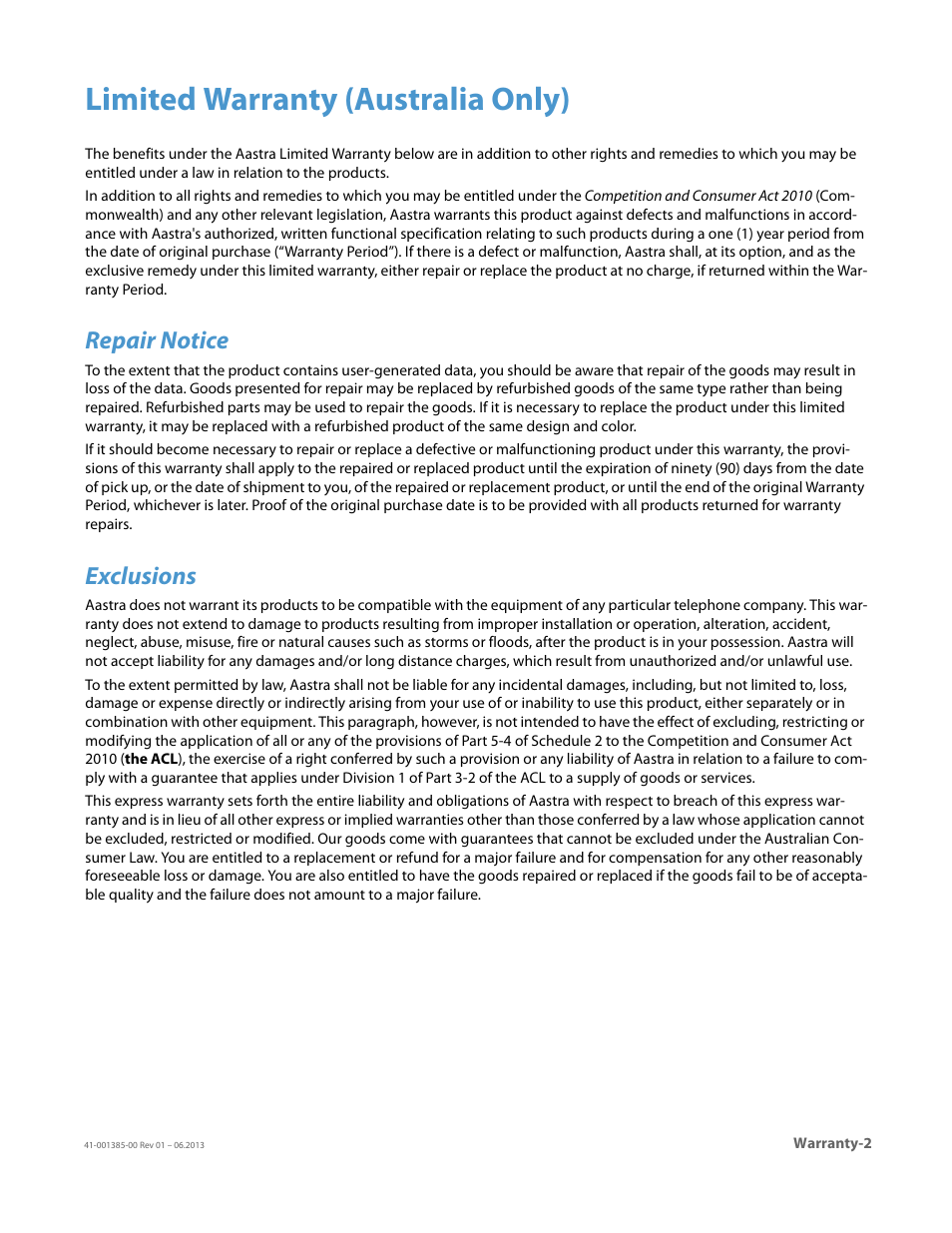 Limited warranty (australia only), Repair notice, Exclusions | AASTRA 6757i User Guide EN User Manual | Page 207 / 216
