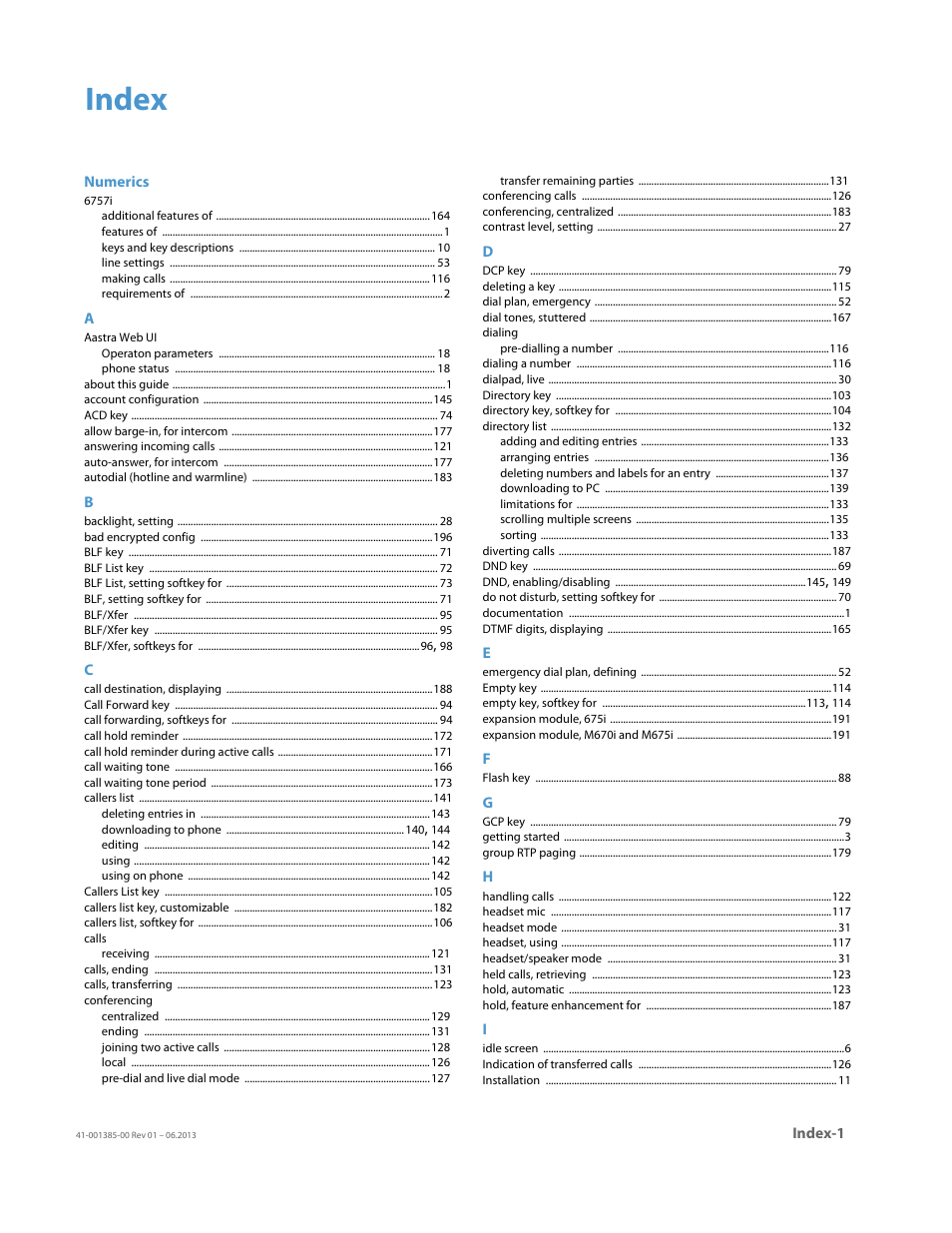 Index | AASTRA 6757i User Guide EN User Manual | Page 213 / 216