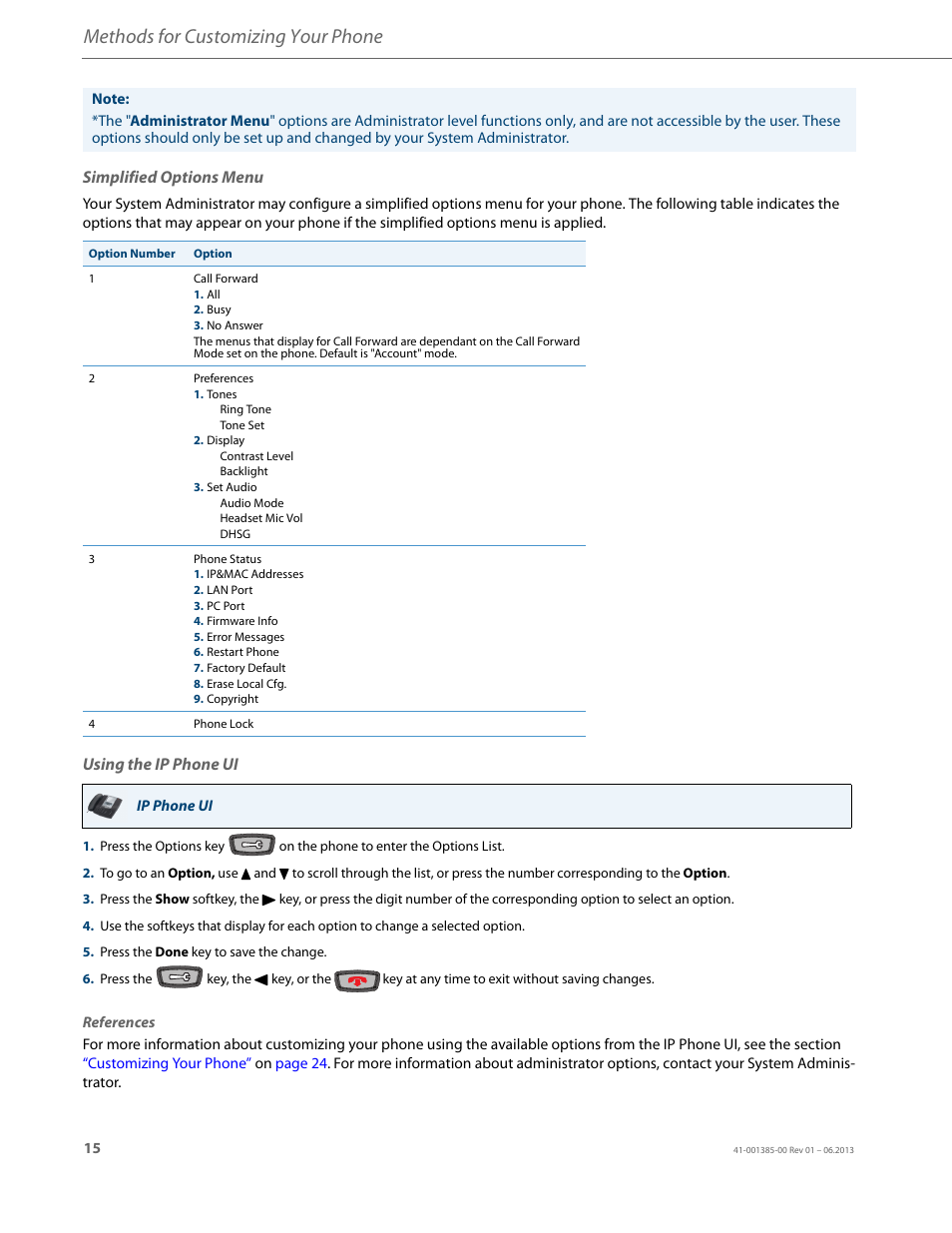 Simplified options menu, Using the ip phone ui, Methods for customizing your phone | AASTRA 6757i User Guide EN User Manual | Page 22 / 216