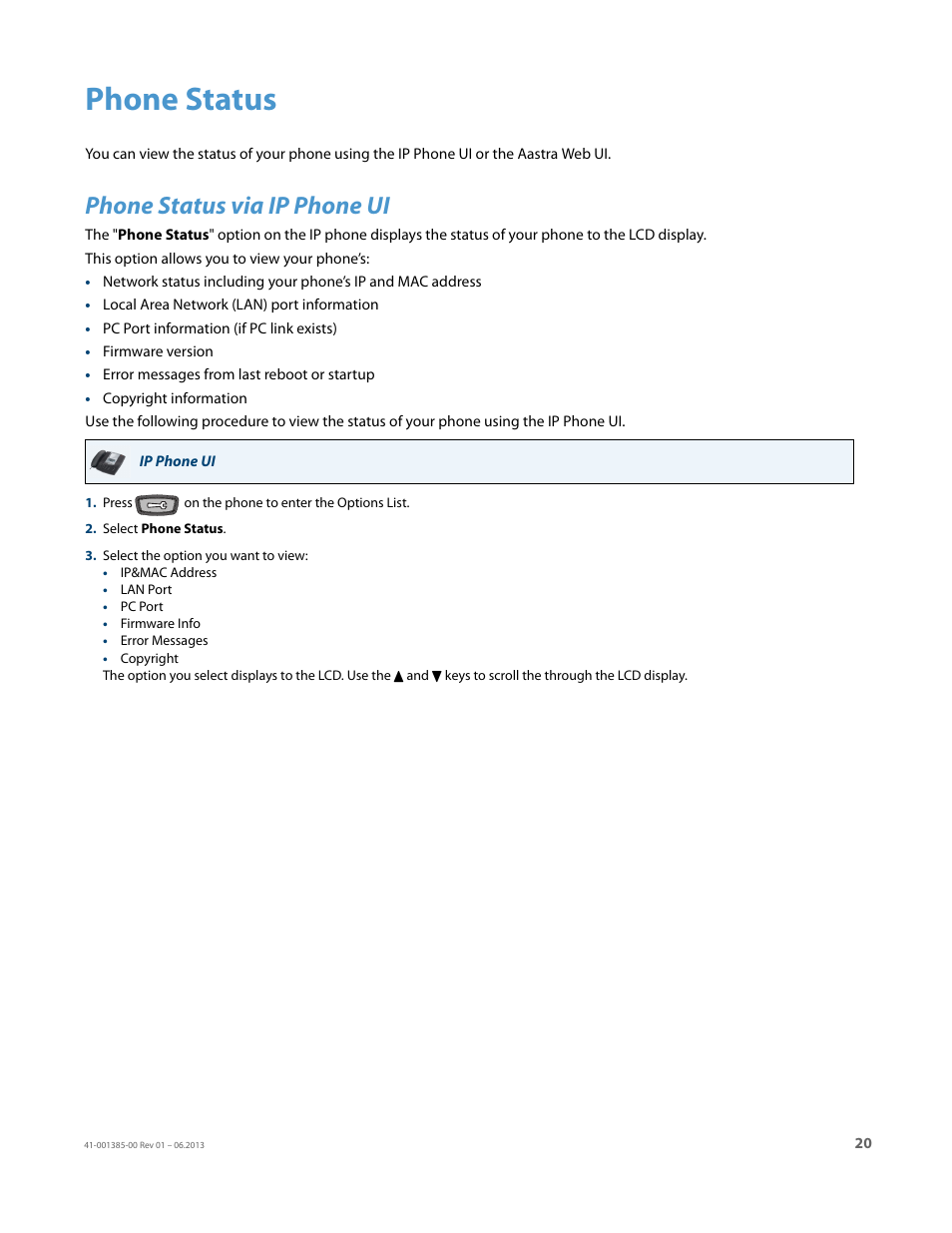 Phone status, Phone status via ip phone ui | AASTRA 6757i User Guide EN User Manual | Page 27 / 216