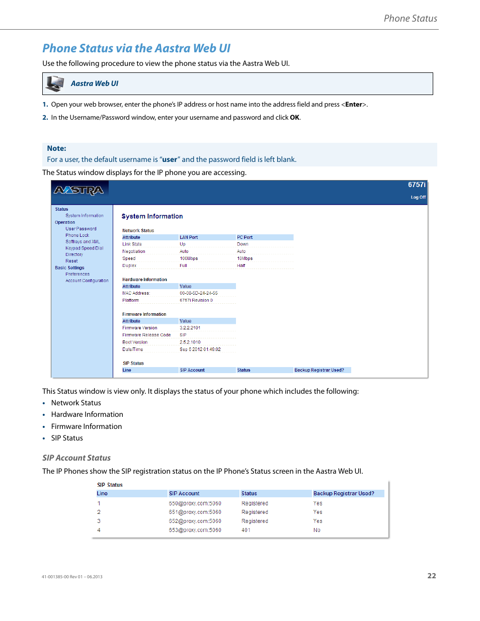 Phone status via the aastra web ui, Sip account status, Phone status | AASTRA 6757i User Guide EN User Manual | Page 29 / 216