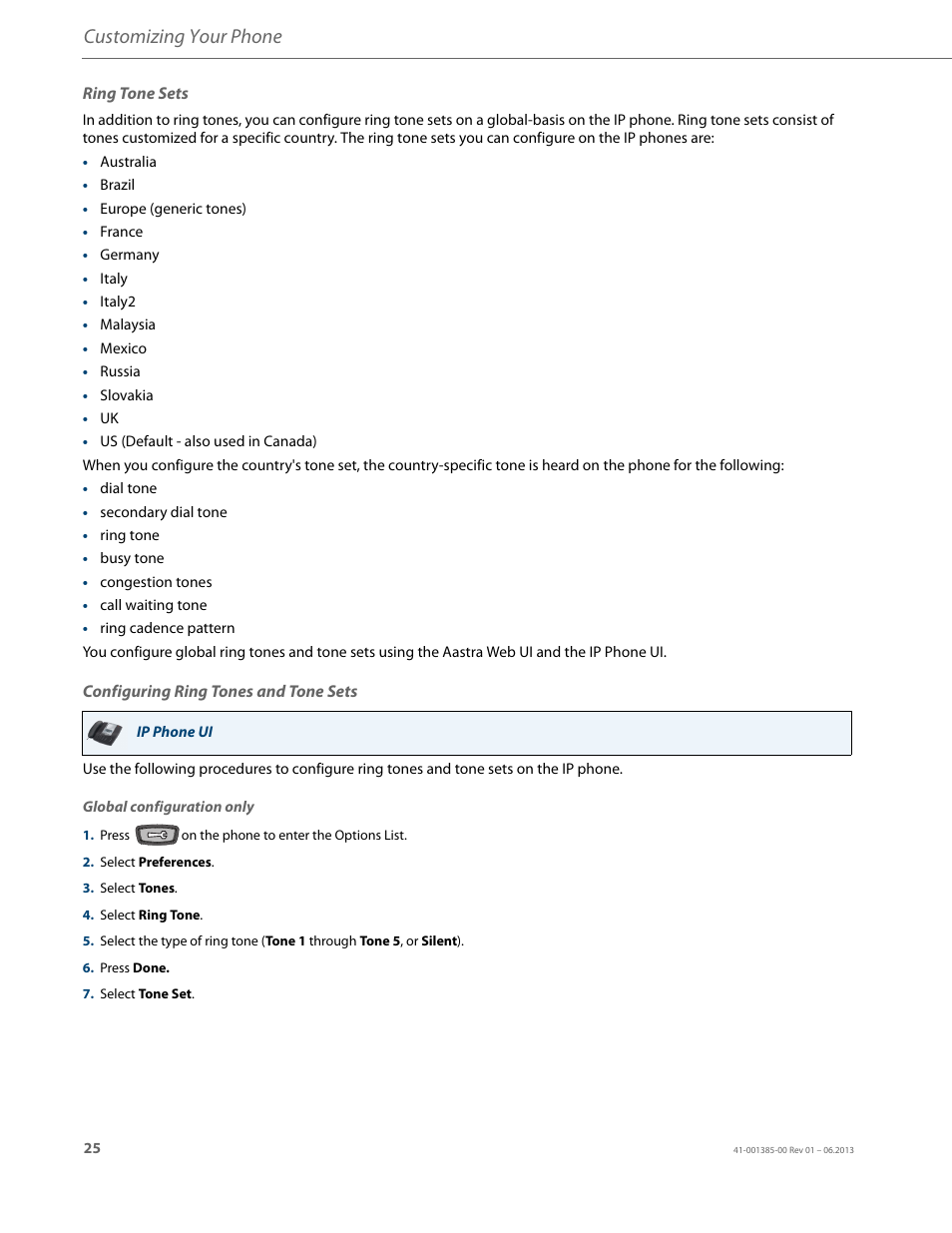 Ring tone sets, Configuring ring tones and tone sets, Customizing your phone | AASTRA 6757i User Guide EN User Manual | Page 32 / 216
