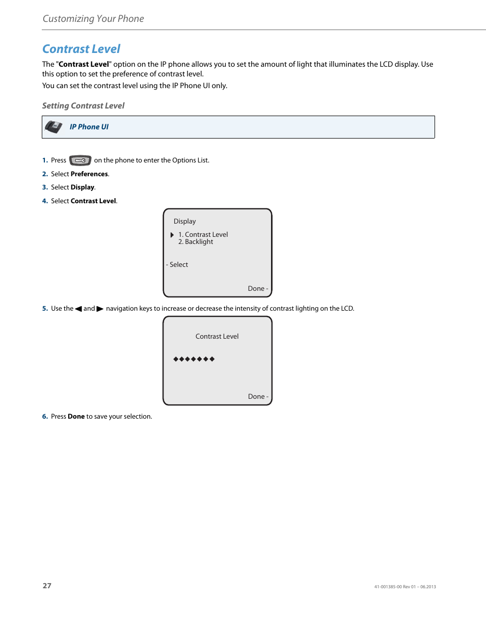 Contrast level, Setting contrast level, Customizing your phone | AASTRA 6757i User Guide EN User Manual | Page 34 / 216