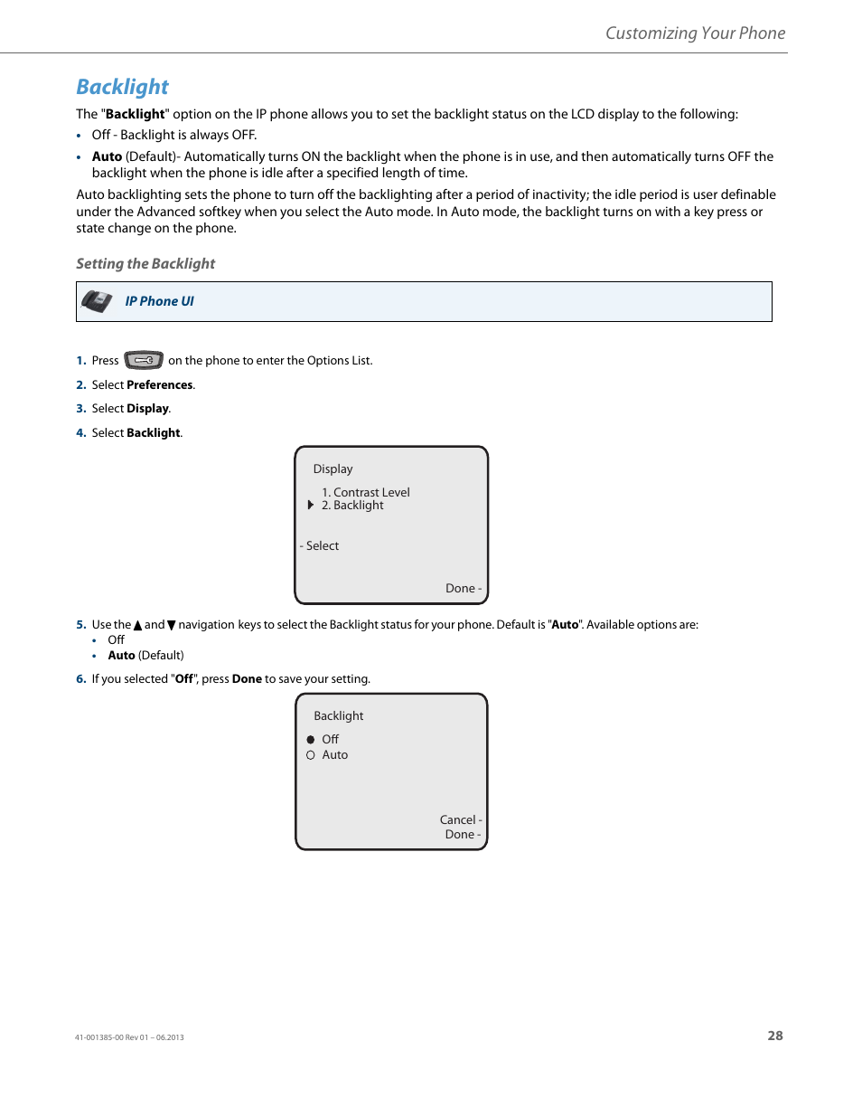 Backlight, Setting the backlight, Customizing your phone | AASTRA 6757i User Guide EN User Manual | Page 35 / 216