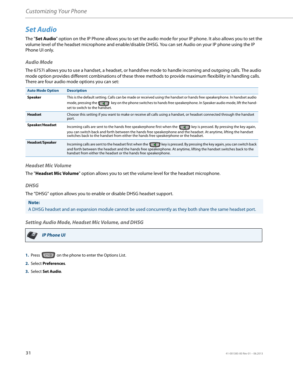 Set audio, Audio mode, Headset mic volume | Dhsg, Setting audio mode, headset mic volume, and dhsg, Customizing your phone | AASTRA 6757i User Guide EN User Manual | Page 38 / 216