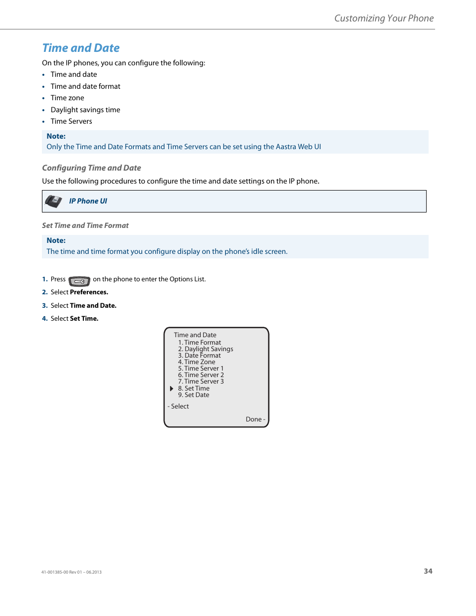 Time and date, Configuring time and date, Customizing your phone | AASTRA 6757i User Guide EN User Manual | Page 41 / 216