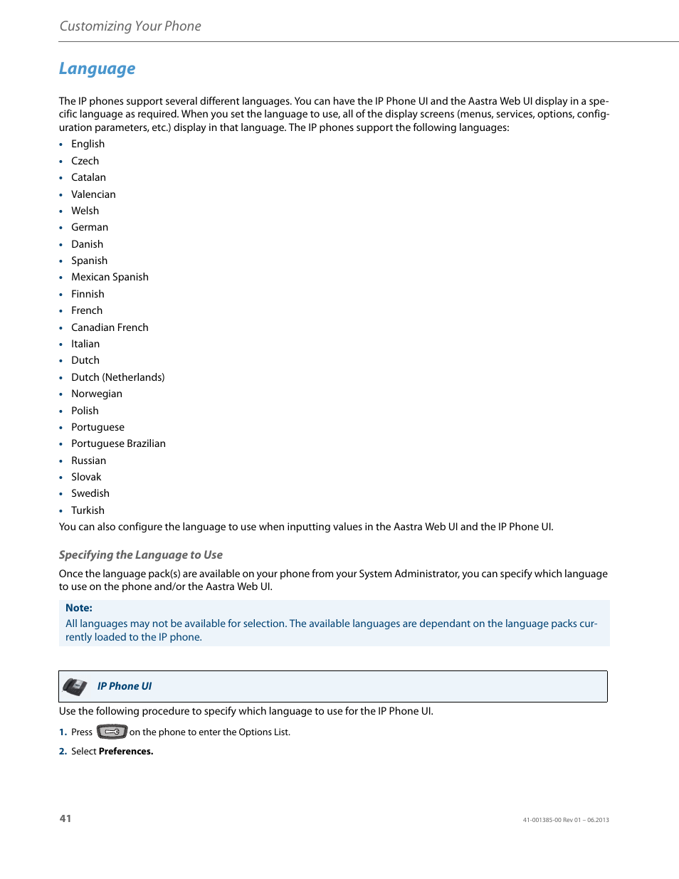 Specifying the language to use, Language, Customizing your phone | AASTRA 6757i User Guide EN User Manual | Page 48 / 216
