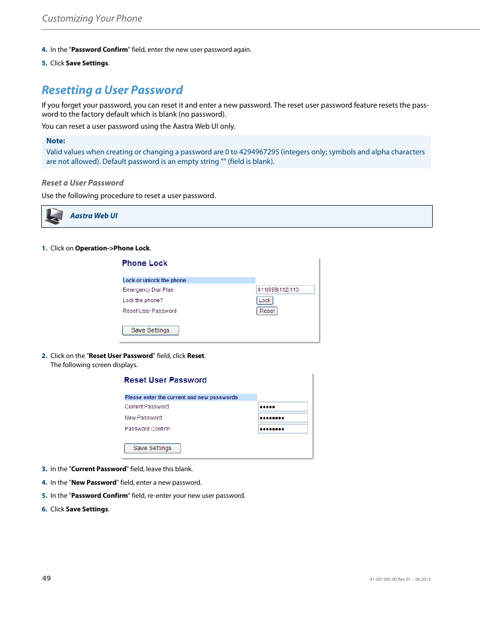 Resetting a user password, Reset a user password, Customizing your phone | AASTRA 6757i User Guide EN User Manual | Page 56 / 216