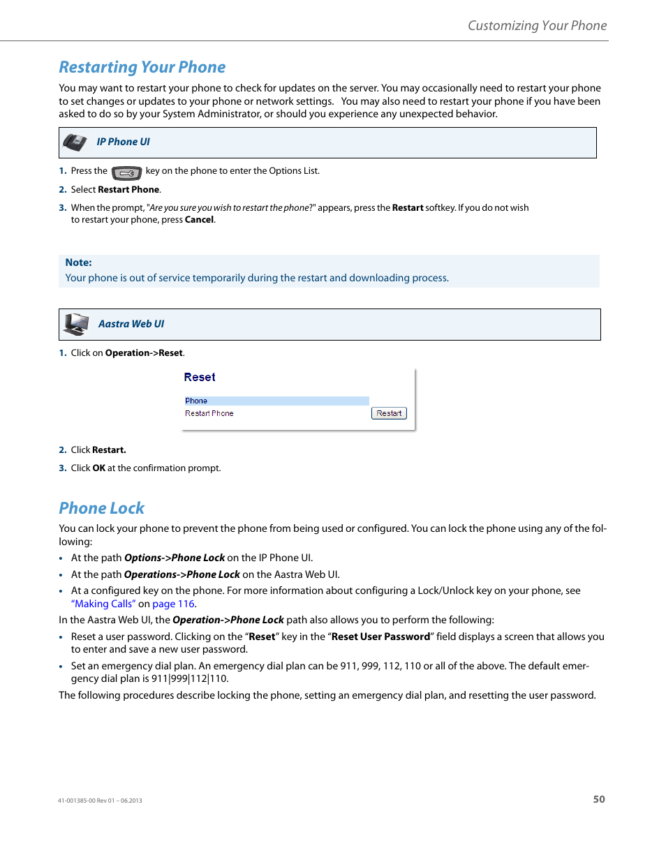 Restarting your phone, Phone lock, Customizing your phone | AASTRA 6757i User Guide EN User Manual | Page 57 / 216