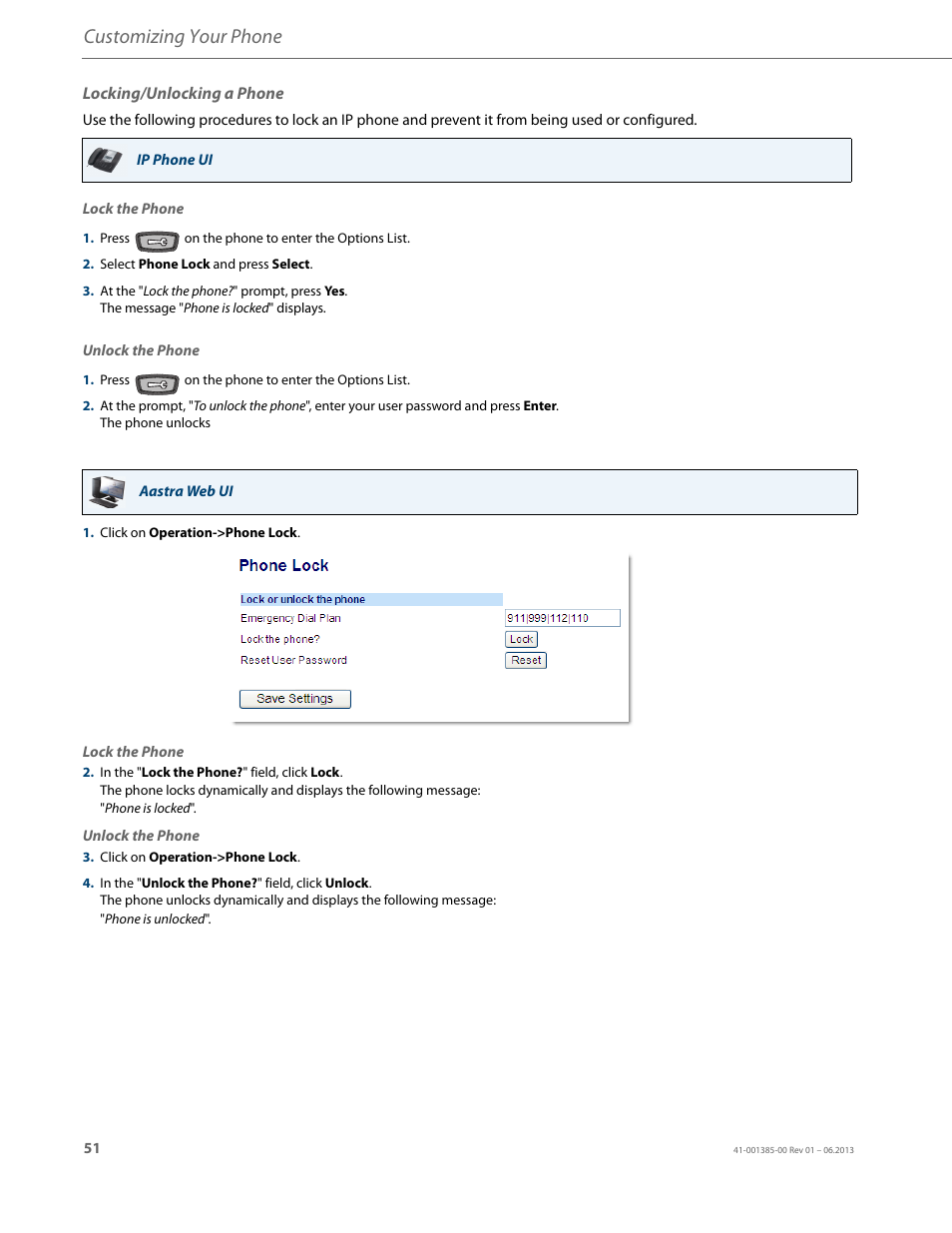 Locking/unlocking a phone, Customizing your phone | AASTRA 6757i User Guide EN User Manual | Page 58 / 216
