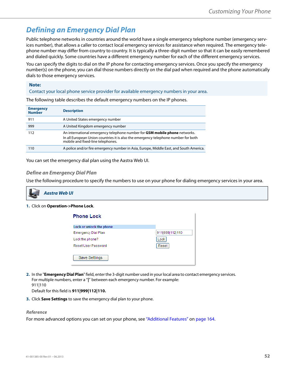 Defining an emergency dial plan, Define an emergency dial plan, Customizing your phone | AASTRA 6757i User Guide EN User Manual | Page 59 / 216