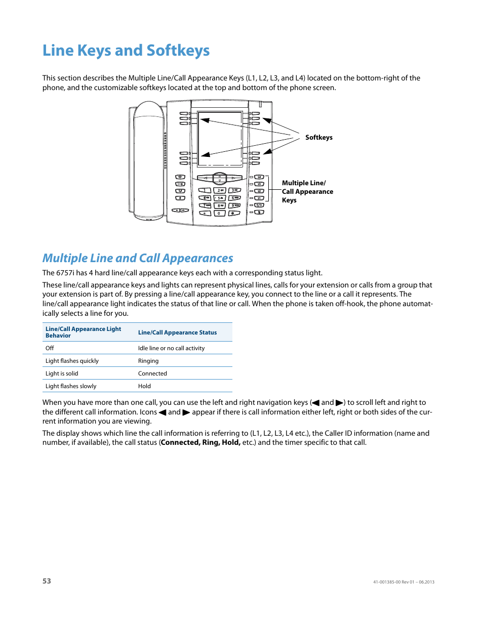 Line keys and softkeys, Multiple line and call appearances | AASTRA 6757i User Guide EN User Manual | Page 60 / 216