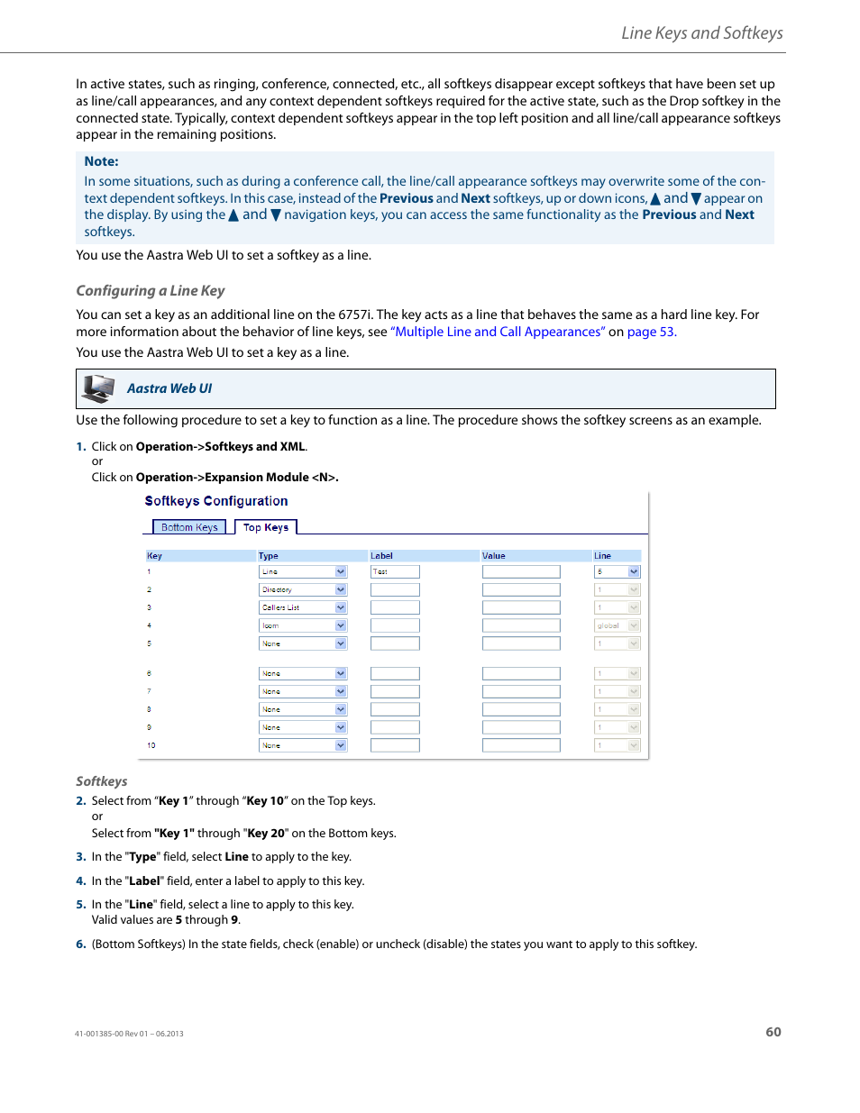 Configuring a line key, Line keys and softkeys | AASTRA 6757i User Guide EN User Manual | Page 67 / 216