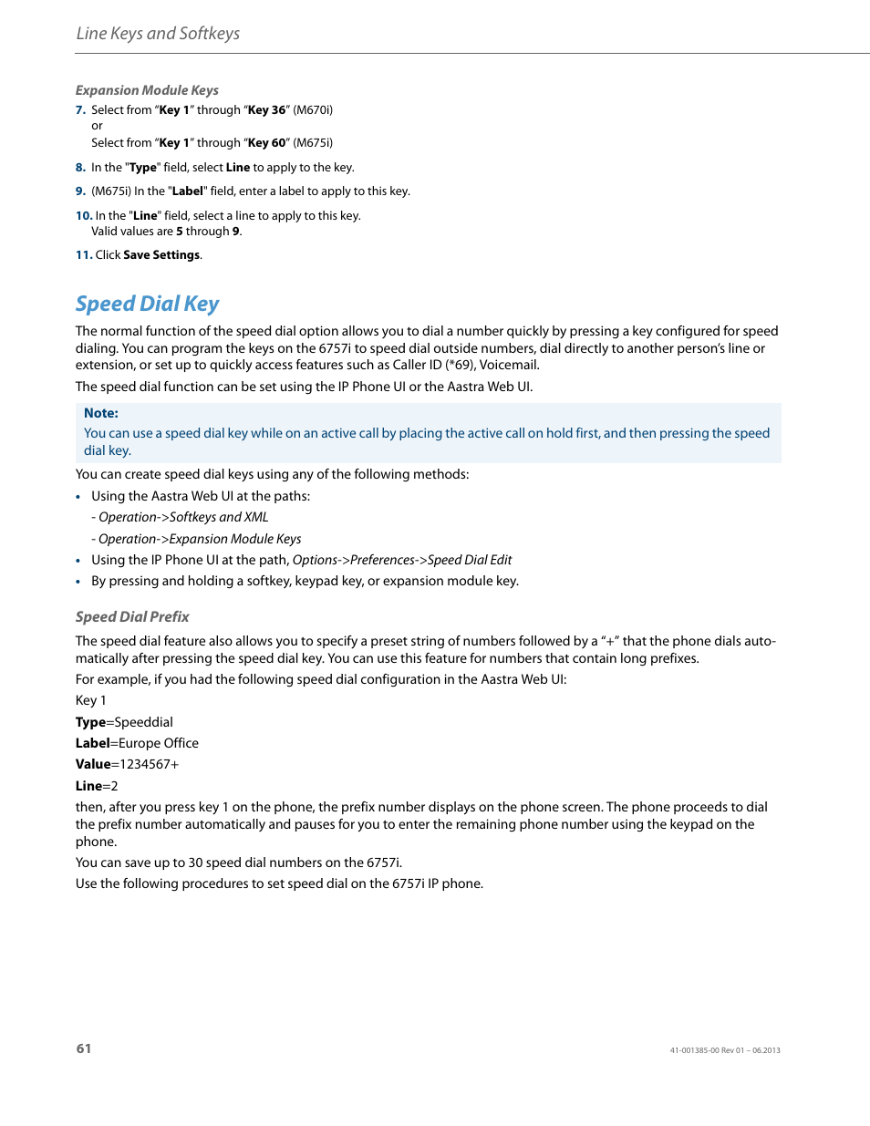 Speed dial key, Speed dial prefix, Line keys and softkeys | AASTRA 6757i User Guide EN User Manual | Page 68 / 216