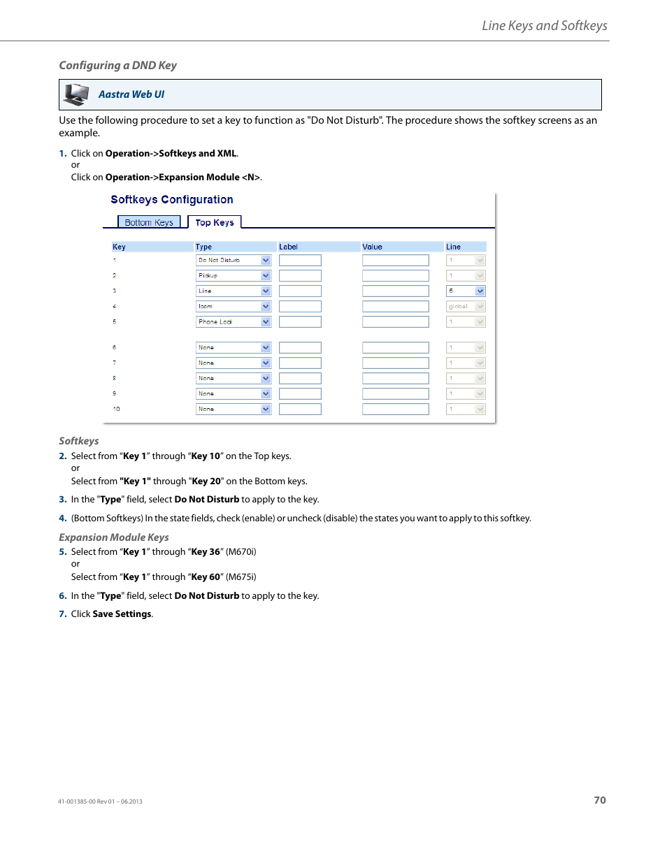 Configuring a dnd key, Line keys and softkeys | AASTRA 6757i User Guide EN User Manual | Page 77 / 216