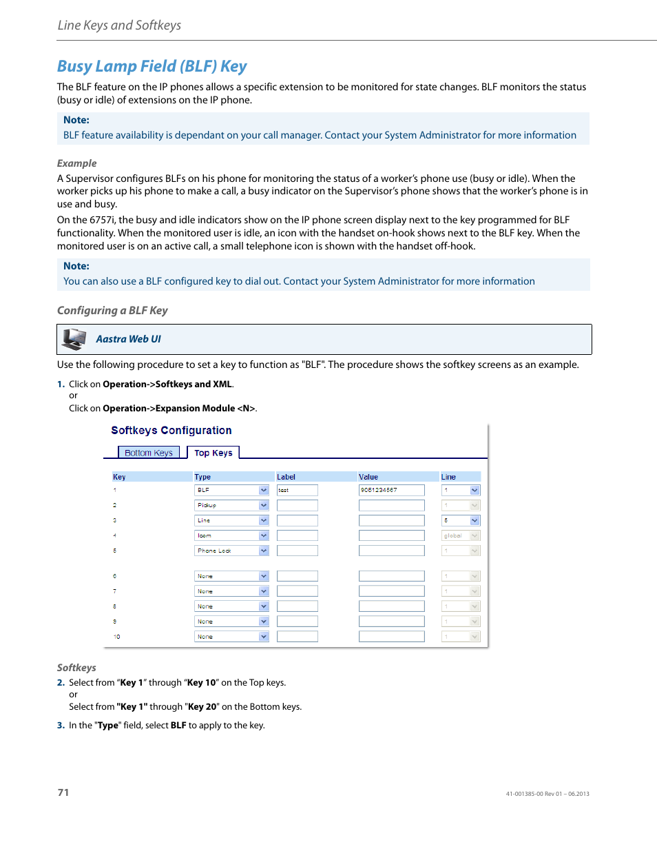 Busy lamp field (blf) key, Configuring a blf key, Line keys and softkeys | AASTRA 6757i User Guide EN User Manual | Page 78 / 216