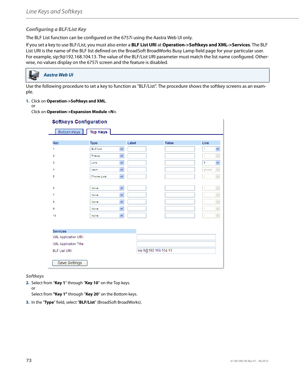 Configuring a blf/list key, Line keys and softkeys | AASTRA 6757i User Guide EN User Manual | Page 80 / 216