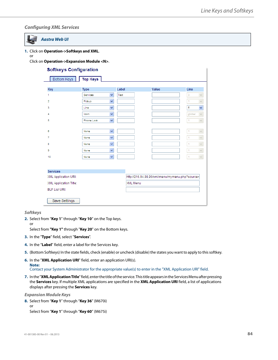 Configuring xml services, Line keys and softkeys | AASTRA 6757i User Guide EN User Manual | Page 91 / 216