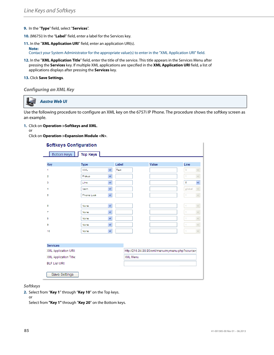 Configuring an xml key, Line keys and softkeys | AASTRA 6757i User Guide EN User Manual | Page 92 / 216