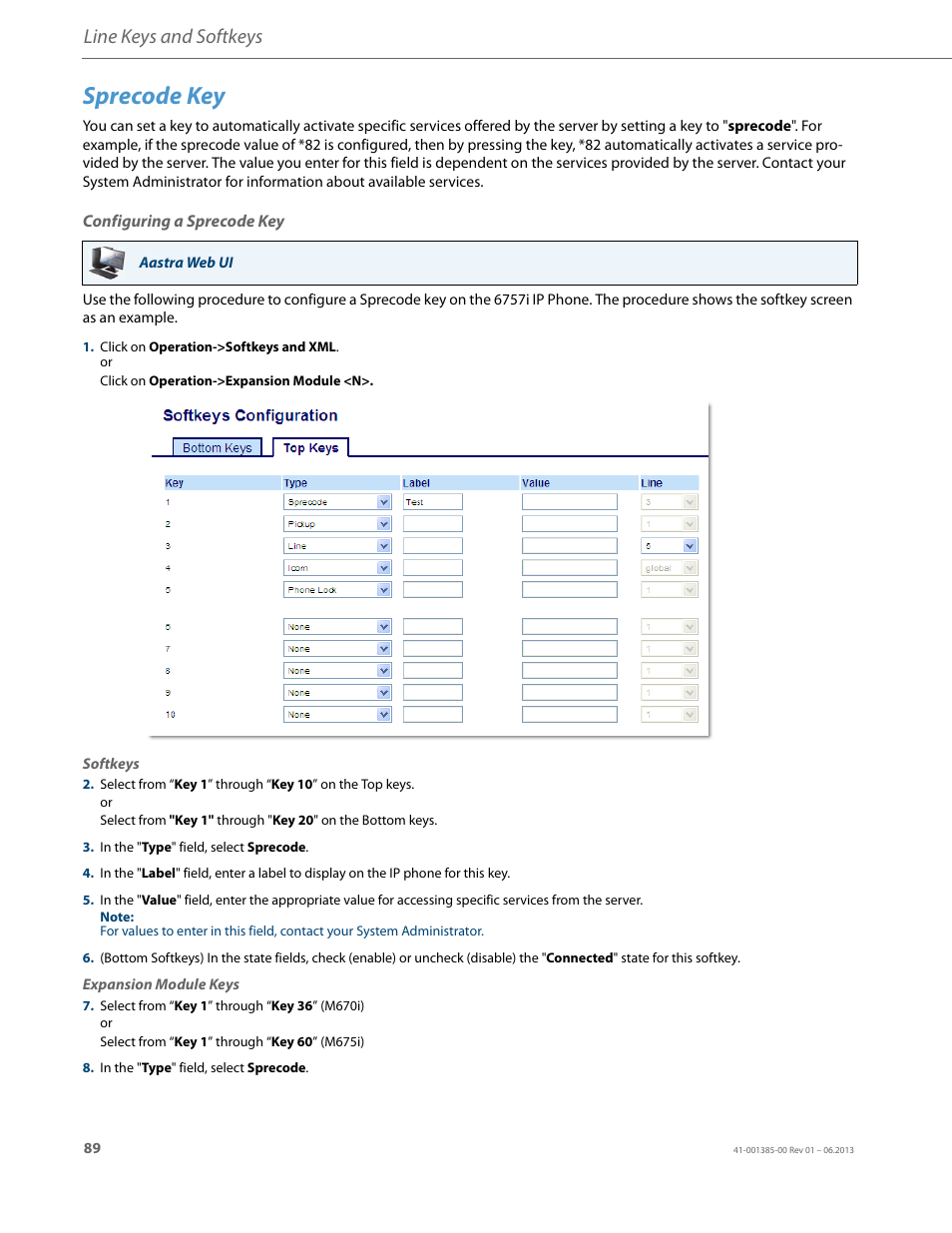 Sprecode key, Configuring a sprecode key, Line keys and softkeys | AASTRA 6757i User Guide EN User Manual | Page 96 / 216