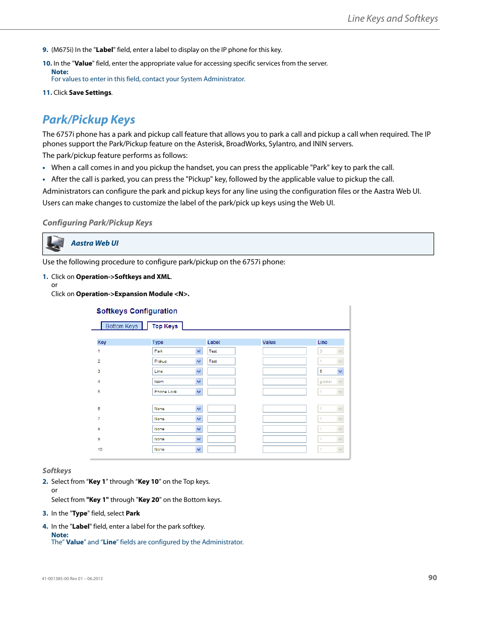 Park/pickup keys, Configuring park/pickup keys, Line keys and softkeys | AASTRA 6757i User Guide EN User Manual | Page 97 / 216