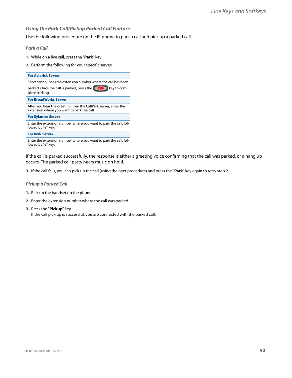 Using the park call/pickup parked call feature, Line keys and softkeys | AASTRA 6757i User Guide EN User Manual | Page 99 / 216