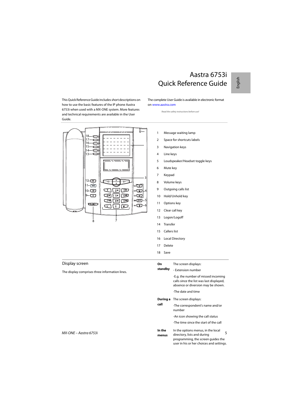 Aastra 6753i quick reference guide | AASTRA 6753i for MX-ONE Quick Reference Guide EN User Manual | Page 5 / 12