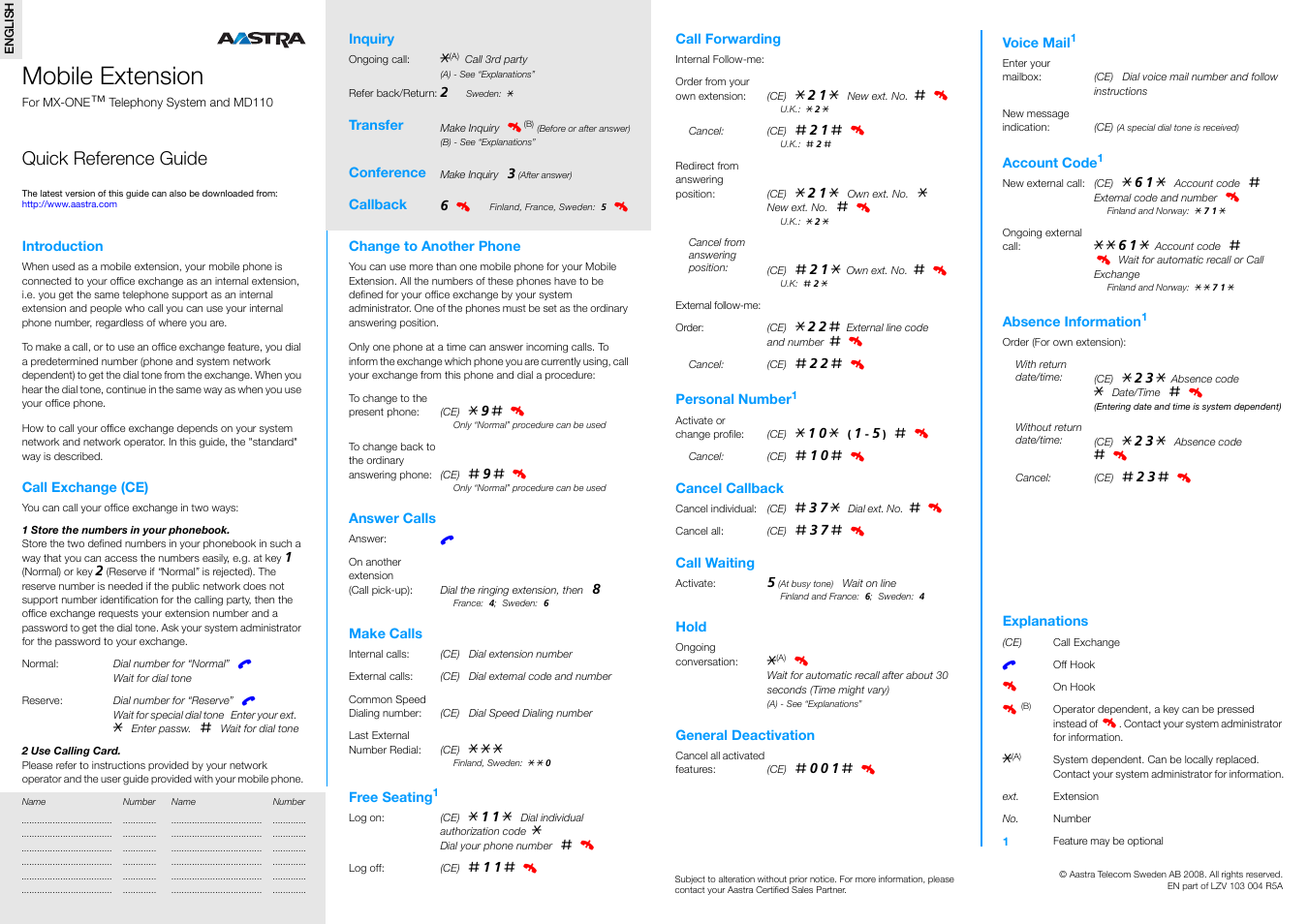 AASTRA Mobile Extension Quick Reference Guide User Manual | 1 page