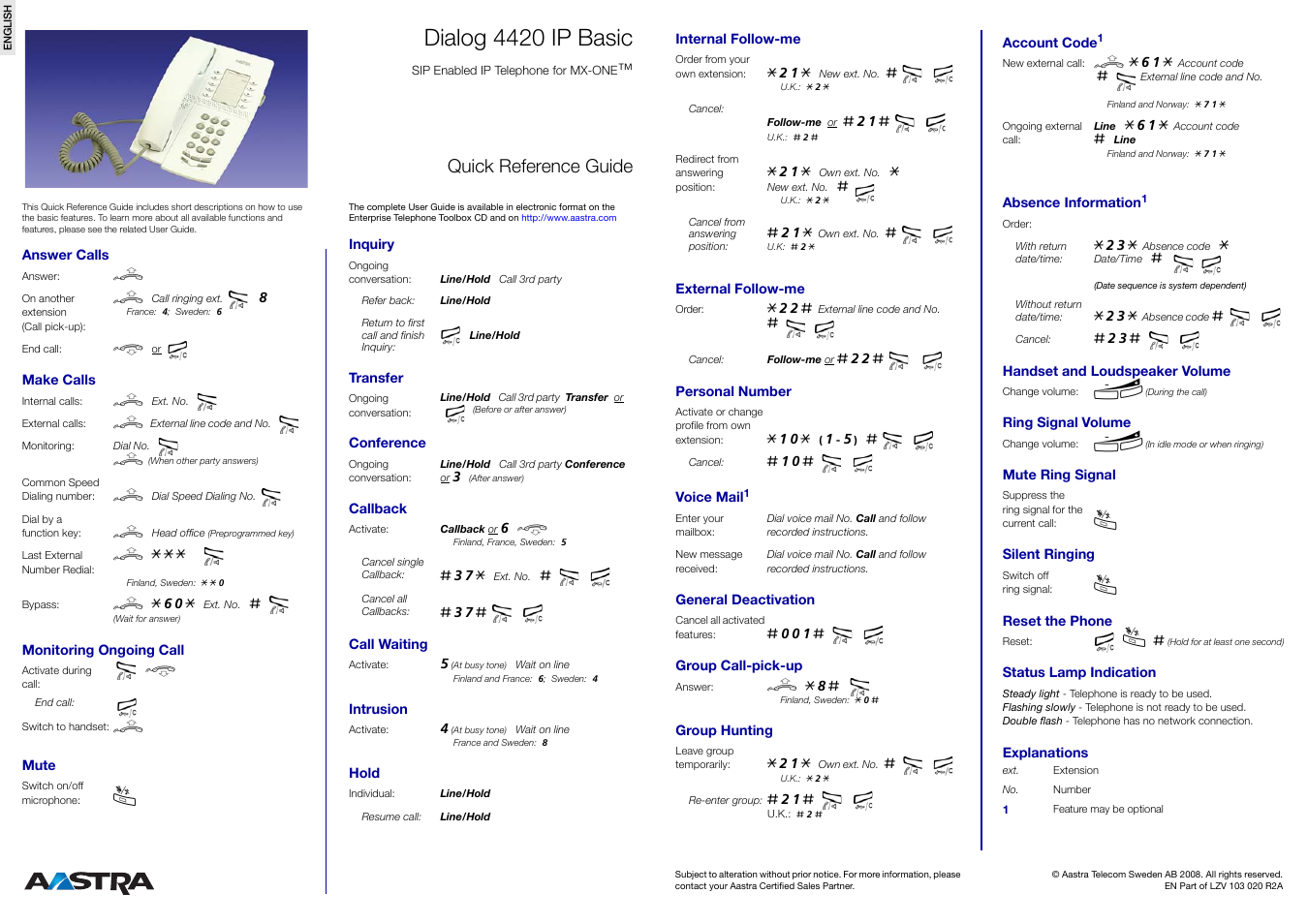 AASTRA 4420 IP Basic (SIP) for MX-ONE Quick Reference Guide User Manual | 1 page